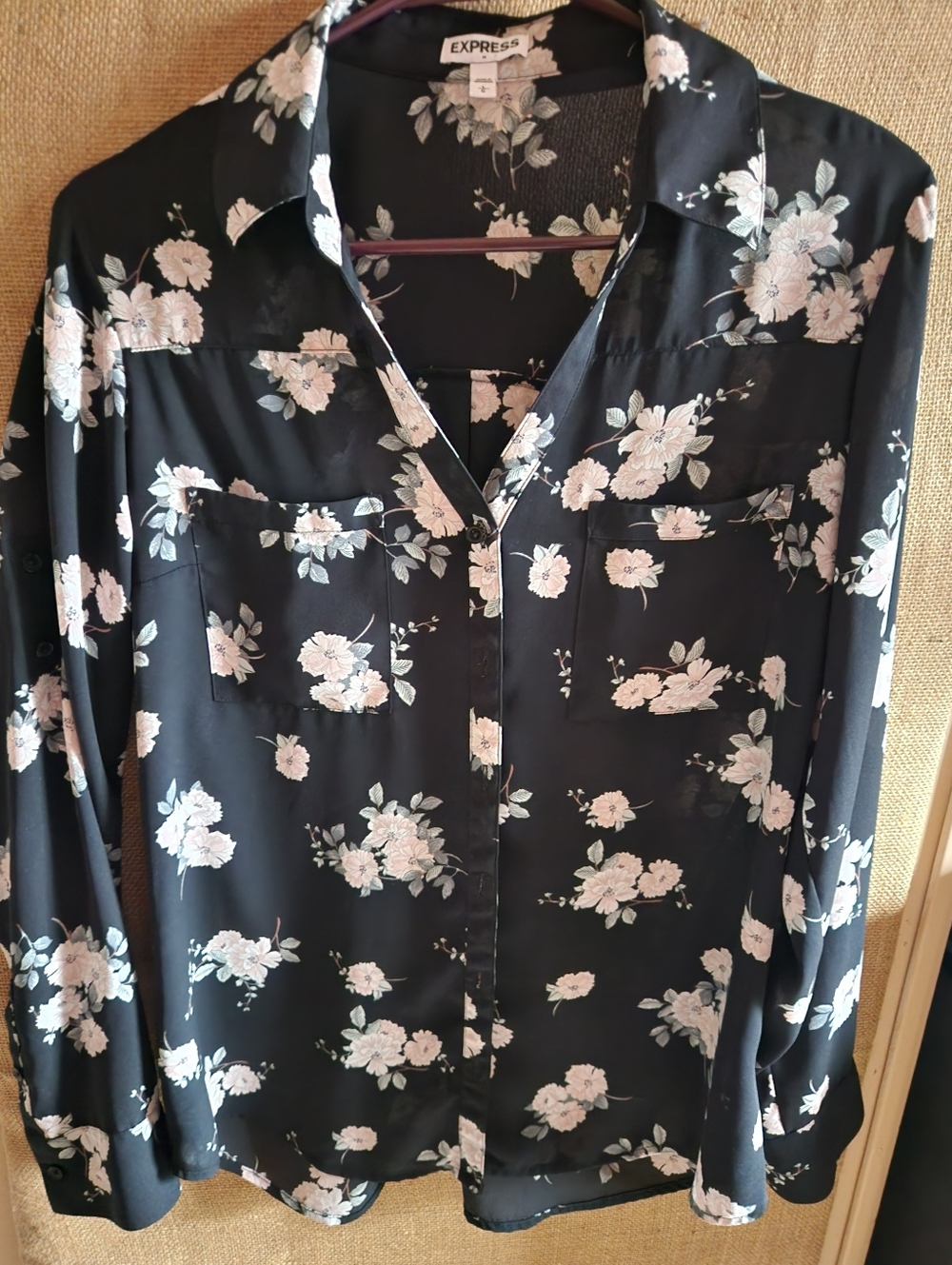 Express Women's Black Floral Button-Up Blouse - Pink Floral Print Blouse
